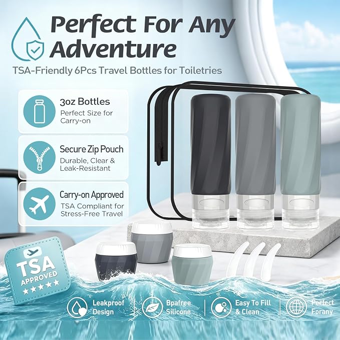 6Pcs Travel Bottles for Toiletries, TSA Approved Travel Size Toiletries Containers Set, BPA-FREE Silicone Leak Proof Refillable Bottles and Jars, Women & Men Airplane Cruise Essentials Kit