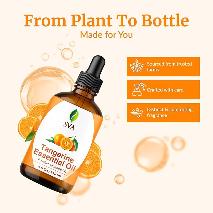SVA Tangerine Essential Oil 4 Fl Oz – for Aromatherapy, Diffuser, Skin & Hair Care – Ideal for Massage & DIY Blends – with Dropper