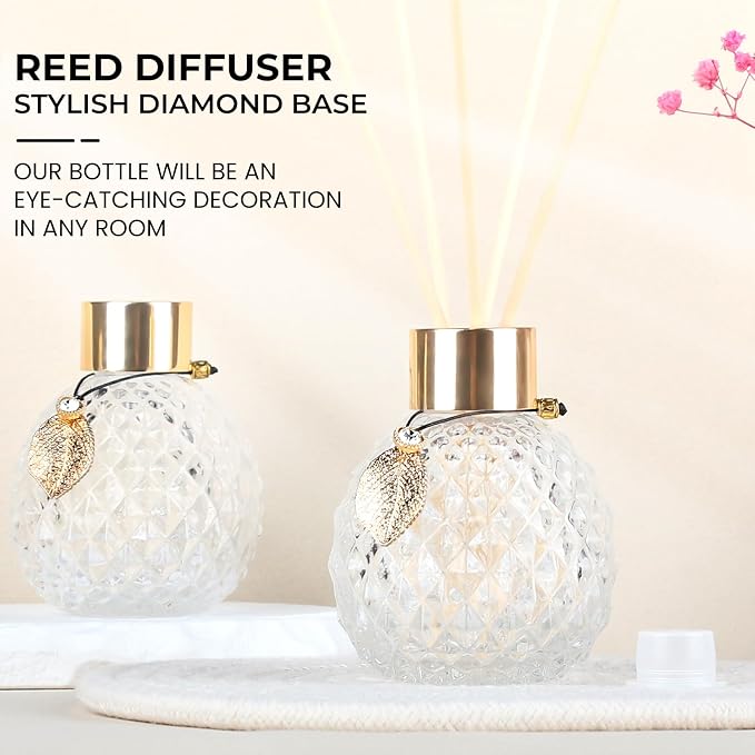 4Pcs Reed Diffuser Set with Metal Golden Decoration, 3.5oz Empty Reed Diffuser Bottles with 20Pcs Reed Diffuser Sticks, Unique Design Bottles for Home and Office(Spiky Ellipsoidal)