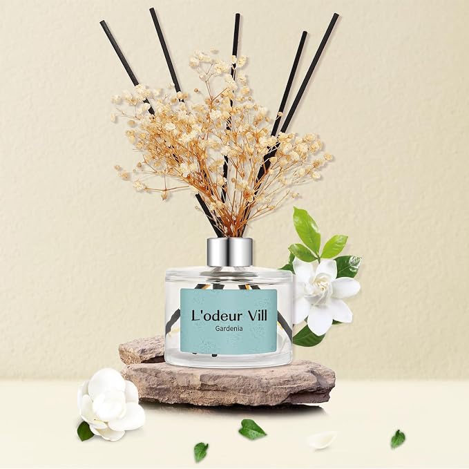 L'odeur Vill Reed Diffuser Set, 6.7 oz(200ml) Gardenia Scented Diffuser with 6 Oil Diffuser Sticks, Home Fragrance Essential Oil Reed Diffuser for Home Large Rooms Bathroom Shelf Decor