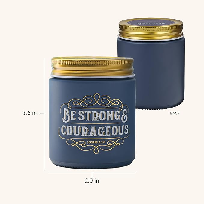 Christian Art Gifts Soy Wax Scented Candle: Strong & Courageous Bible Verse, Fireside Blue Spruce Scent, Pure Essential Oils, 4.5oz, Up to 20 Hours Burn Time, Glass Jar w/Metal Lid, Encouragement Gift