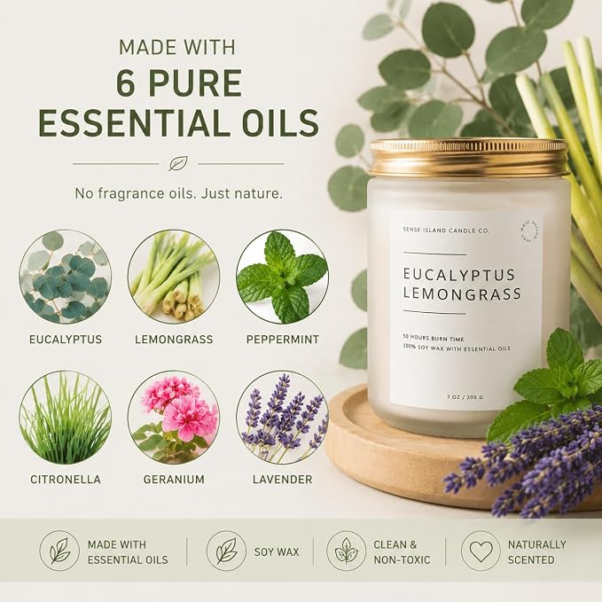 Eucalyptus Lemongrass Scented Candle with Citronella Essential Oil | Contains 6 Essential Oils | 50+ Hrs Long Lasting | Non-Toxic Soy Candle