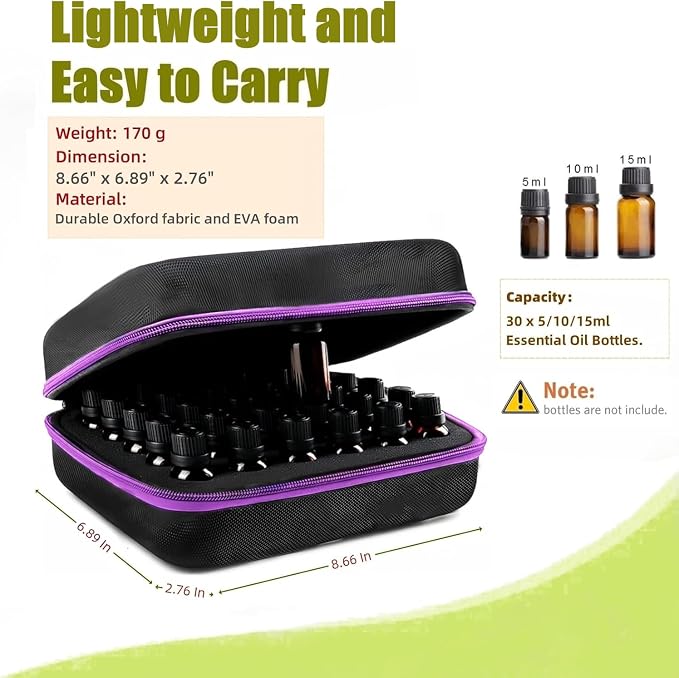 BLIRITEL EVA Essential Oils Organizer, 30 Bottles Hard Shell Essential Oil Storage Carrying Case, Essential Oils Boxes Holds 30 Bottles with 5ml,10ml,15ml (Purple)