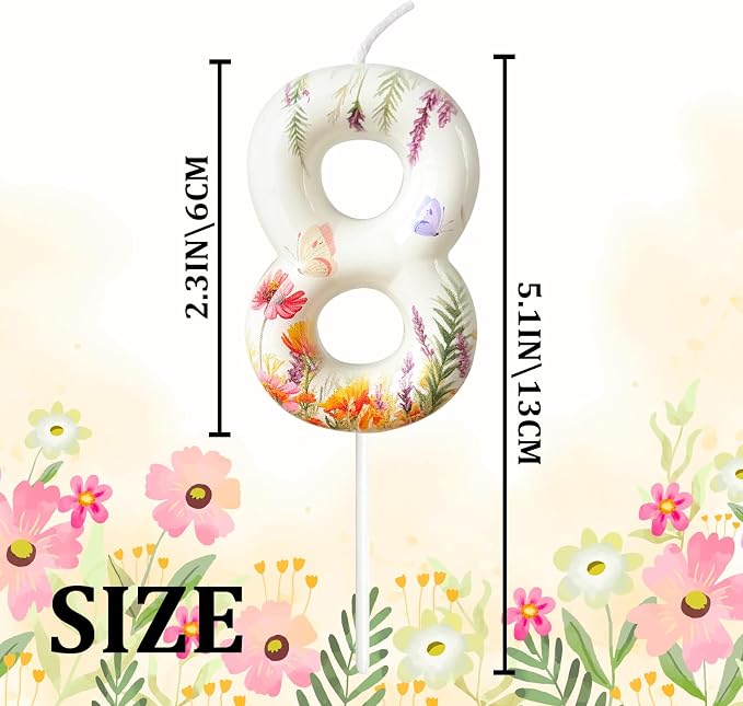 Number 8 Birthday Candle for Cake – Floral Botanical Design with Butterfly Detail – Elegant Cake Topper for Birthday, Garden Party Decoration