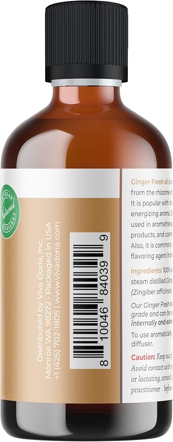 Viva Doria Ginger Essential Oil, 100% Pure Natural, Fresh Ginger Essential Oil, Undiluted, for Aromatherapy | Food Grade, 118 mL (4 Fluid Ounce)