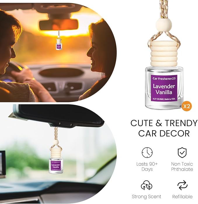 Hanging Car Air Freshener, Long Lasting Scent, Cute Air Fresheners for Women, 2 Pack Non-Toxic Essential Oil Diffuser, Made in USA