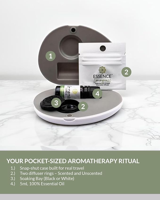 Essence Pearl Travel Case | Lemongrass Essential Oil | Aromatherapy Nasal Diffuser & Essential Oil Carrying Case | Refreshing Lemongrass Scent | Travel-Friendly Kit | Black Pod