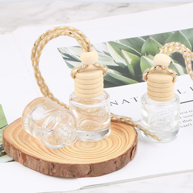 20 Pcs 8ml Hanging Car Air Freshener Diffuser,Empty Clear Glass Essential Diffuser Oil Aromatherapy Fragrance Perfume Pendant Glass Vials with Wooden Caps & Hanging String,Cylindrical