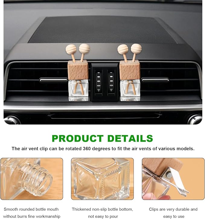 2PCS Car Diffuser Air Freshener Bottle, Empty Essential Oil Perfume Glass Bottle with Vent Clip, Wooden Clear Aromatherapy Fragrance Ornament Auto Decor, Interior Car Accessories