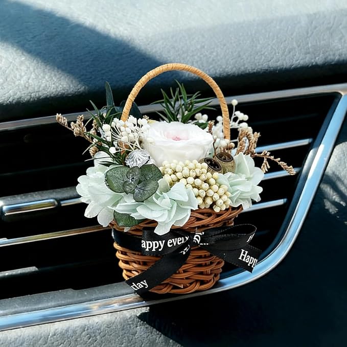 Car Air Freshener Basket with Air Vent Clip, Cute Car Accessories for Women - Mini Car Vent Flowers Rose, Car Interior Decorations for Birthday, Home & Office Decor