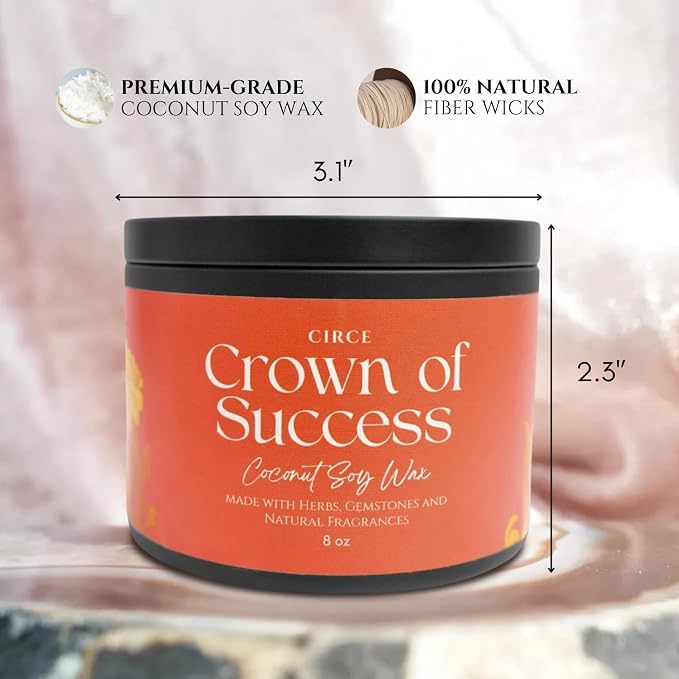 Circe Spell Candle “Crown of Success” Coconut Soy Wax Candle Jar – Premium Hand Poured & Long Burning – Herbs, Crystals & Natural Fragrance Oils - Attract Confidence & Abundance - Self Care, Gift- 8oz