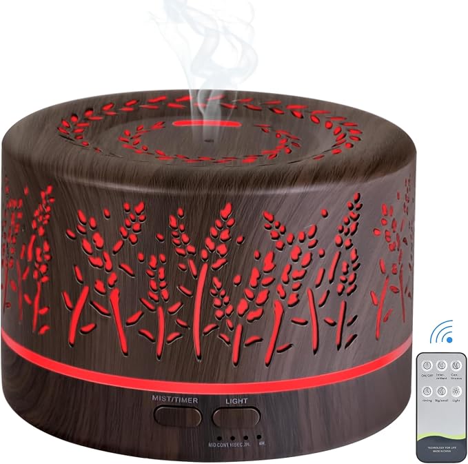 Essential Oil Aromatherapy Diffuser - 500ml Humidifier with Timer and Auto-Off Safety Switch - 7 Colors Lights - Ultrasonic Cool Mist Essential Oil Diffuser for Home Office Room (Grey)