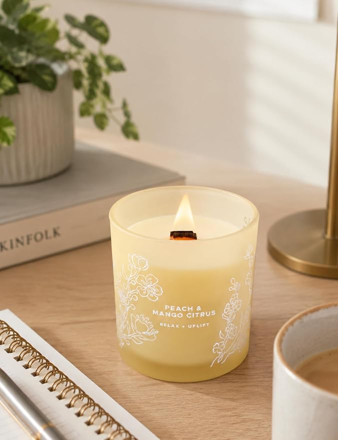 Peach Mango Citrus Candle, 10.6oz Wood Wick Soy Scented Candles for Home, Juicy Tropical Scent, Highly Scented Aromatherapy Relaxation Candle, Summer Gift for Women & Men
