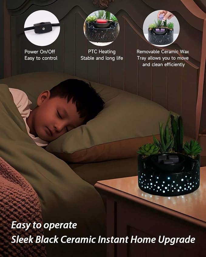 Ceramic Wax Melt Candle Warmer 4-in-1, Flameless PTC Heating with 7-Color LED Night Light, Electric Essential Oil Diffuser, Zen Design Marble Succulent Pot, for Yoga Room Home Office Decor