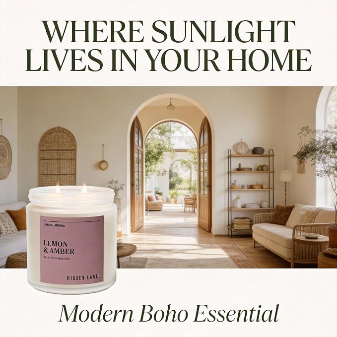 Hidden Label Lemon Amber Soy Candle, 12oz 2-Wick, 70H Bright Warmth | Non-Toxic Natural Wax, Paraben & Phthalate-Free, Clean Burn | Elegant Decor & Gift-Ready | Uplift & Relaxation