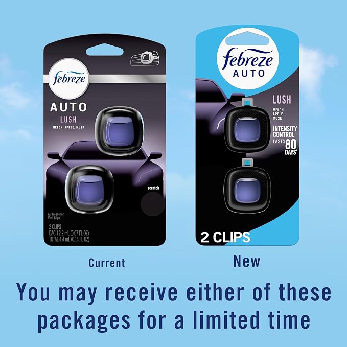 Febreze AUTO Air Freshener, Odor-Fighting Automotive Vent Clip, Lush Scent, 8 Count