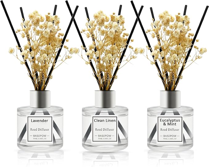 Reed Diffuser Set of 3 Pack,Eucalyptus & Mint,Lavender,Clean Linen Scented Oil Diffuser with 12 Sticks,Reed Diffuser for Home Living Room Office Bathroom Air Freshener,50ml x 3
