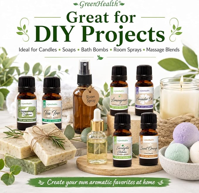GreenHealth Top 6 Essential Oil Gift Set – 100% Pure Therapeutic Grade – Lavender, Tea Tree, Eucalyptus, Lemongrass, Sweet Orange, Peppermint – Aromatherapy & Diffuser Oils 6x10ml