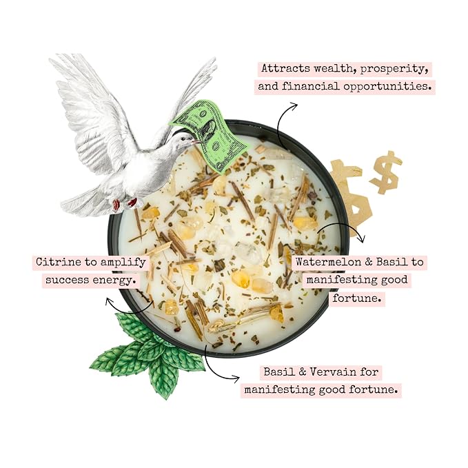 Circe Spell Candle “Money Drawing” Coconut Soy Wax Candle Jar– Premium Hand Poured & Long Burning– Herbs, Crystal & Natural Fragrance Oils- Manifest Wealth, Abundance, & Opportunity - Gift - 8oz