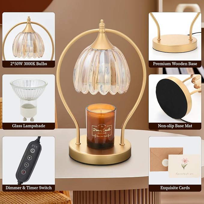 GOODBUY Candle Warmer Lamp with Timer Dimmable: Electric Candle Warmer Birthday Gifts for Women, Mothers Day Gifts for Mom, House Warming Gifts New Home Decor Wax Warmer for Jar Candles with 2 Bulbs