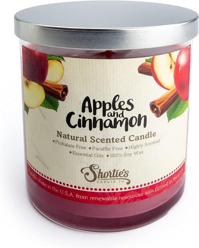 Apples & Cinnamon Scented Natural Soy Candle, Essential Fragrance Oils, 100% Soy, Phthalate & Paraben Free, Clean Burning, 9 Oz.