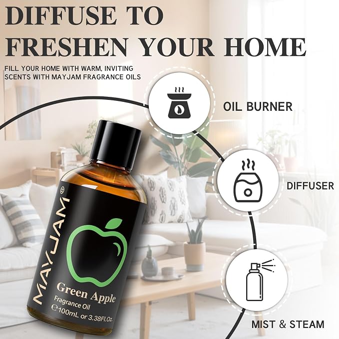 MAYJAM 3.38FL.OZ Green Apple Fragrance Oils with Glass Dropper, 100ML Essential Oils for Diffusers for Home, Long Lasting Scented Oils for Diffusers Soap Candle Making