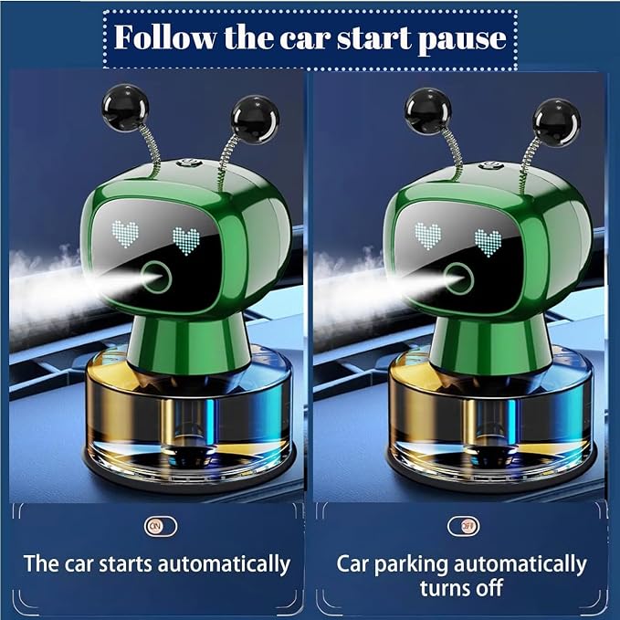 Robot Intelligent Aromatherapy Machine, Smart Cute Robot Car Air Freshener - Fine Spray/Fillable/Four-Gear Adjustment/Vibration Sensing/On-Off/Large Capacity Long-Lasting Fragrance/Green-V2(Gardenia)