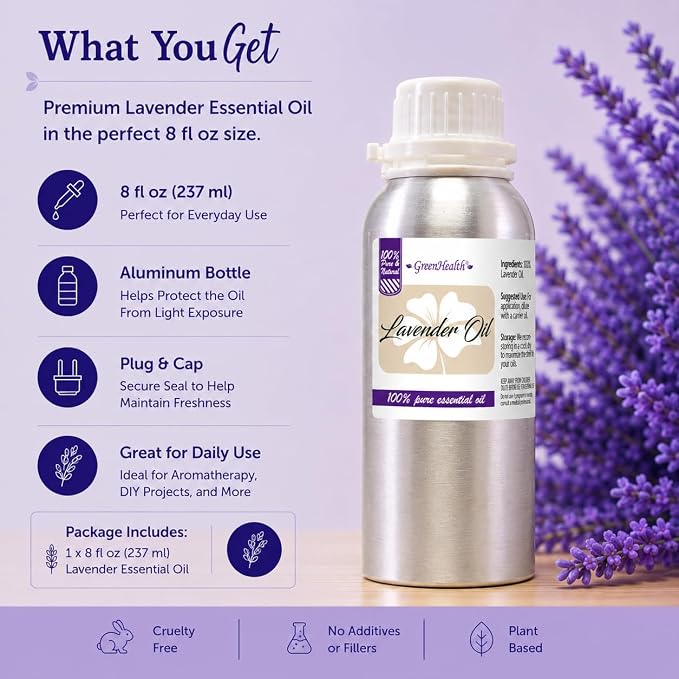 GreenHealth Lavender Essential Oil – 8 fl oz (237 ml) – Aluminum Bottle w/Plug Cap – Lavender Oil for Diffuser, Aromatherapy, Soap Making, Candles & DIY