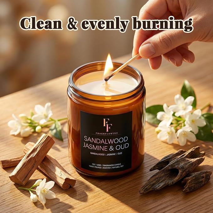Sandalwood Jasmine Scented Candle for Home Soy Wax Candle, Aromatherapy Candle Gift for Women Men, 7oz