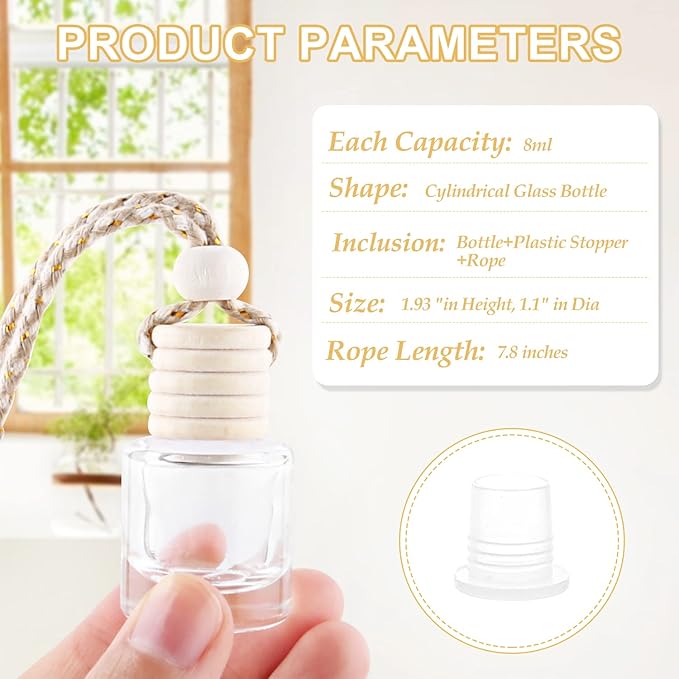 50 Pcs/Set,8ml Hanging Car Air Freshener Diffuser,Empty Refillable Clear Glass Essential Oil Fragrance Perfume Diffuser Pendant Glass Vials with Wooden Caps & Hanging String,Cylindrical Style