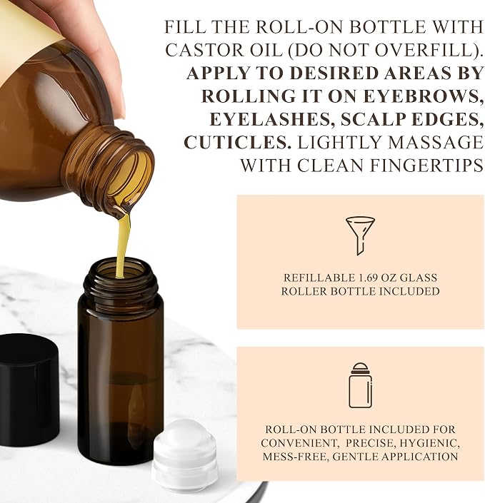 Handcraft Blends Cold-Pressed Organic Castor Oil 16 Fl Oz | Glass Bottle | Roll on Bottle | Reusable Wraps | Durable Comfortable Pack Wraps | Adjustable Elastic Straps | Neck and Stomach