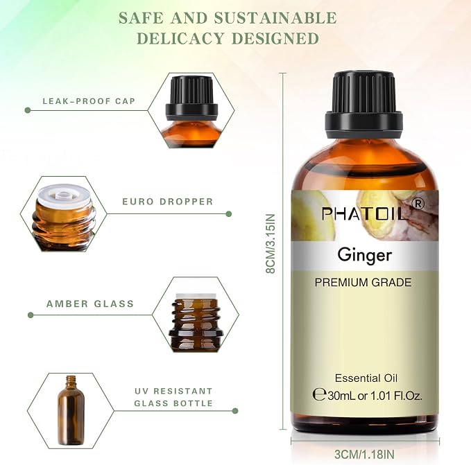 Ginger Essential Oil, 1.01Fl.Oz (30ML) PHATOIL Pure Essential Oil Singles for Aromatherapy Diffusers, Humidifiers, Great for DIY Candle and Soap Making, Gift for Friend