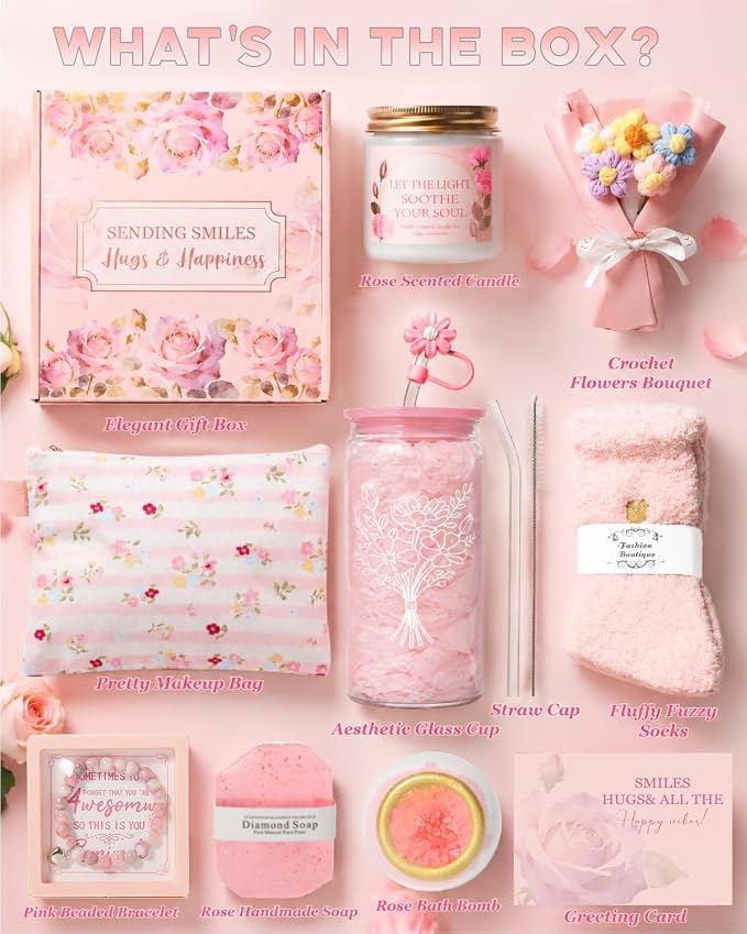 Gifts for Women, Teen Girl Gifts Trendy Stuff, 10PC Birthday Gift for Her, Girl, Teenage, Daughter, Sister, Best Friend Unique Rose Self Care Set Ideas Mothers Day Gift for Mom Wife Friendship Teacher