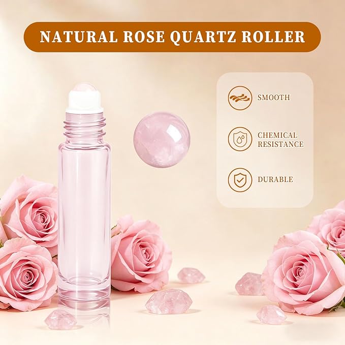 Cocurb 10ml Rose Quartz Roller Bottles with 8 Colors,Thick Travel Size Glass Bottles for Essential Oils Perfume with Liquid Dispensing Tools,Leak-Proof,Color Coding