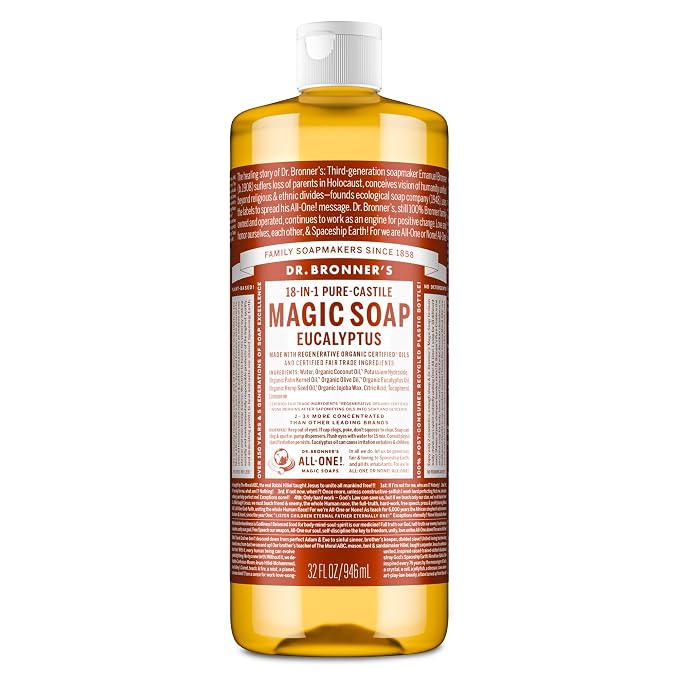 Dr. Bronner's Pure-Castile Magic Soap Liquid (Eucalyptus, 32 Ounce) - Made with Regenerative Organic Certified Oils, 18-in-1 Uses: Face, Body, Hair, Laundry, Pets and Dishes, Concentrated, Vegan