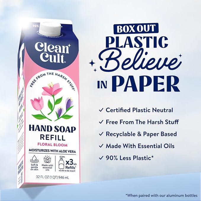 Cleancult Liquid Hand Soap Refill - Floral Bloom- Moisturizes Dry & Sensitive Skin - Made with Aloe Vera & Essential Oils - Eco Friendly - Paper-Based Packaging - 32 oz/3 Pack
