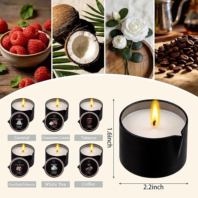 6 Pack Low Temperature Massage OilCandle Set (2.35 oz Each) - Soy WaxCandles that Melt into Skin-NourishingBody Oil, 6 Assorted Scents for HomeSpa, Massage Therapy, Relaxation, Self-Care & Festive