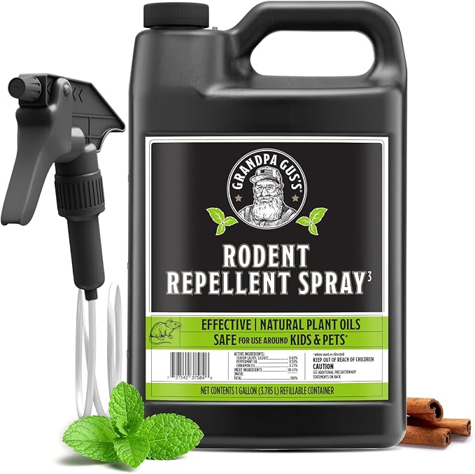 Grandpa Gus's Rodent Repellent Spray - Peppermint Oil and Cinnamon Oil Spray for Rodents & Mice - Plant-Based Mouse Deterrent for Cars, RVs, Garages & Indoor Spaces - Non-Staining Formula - 128 oz