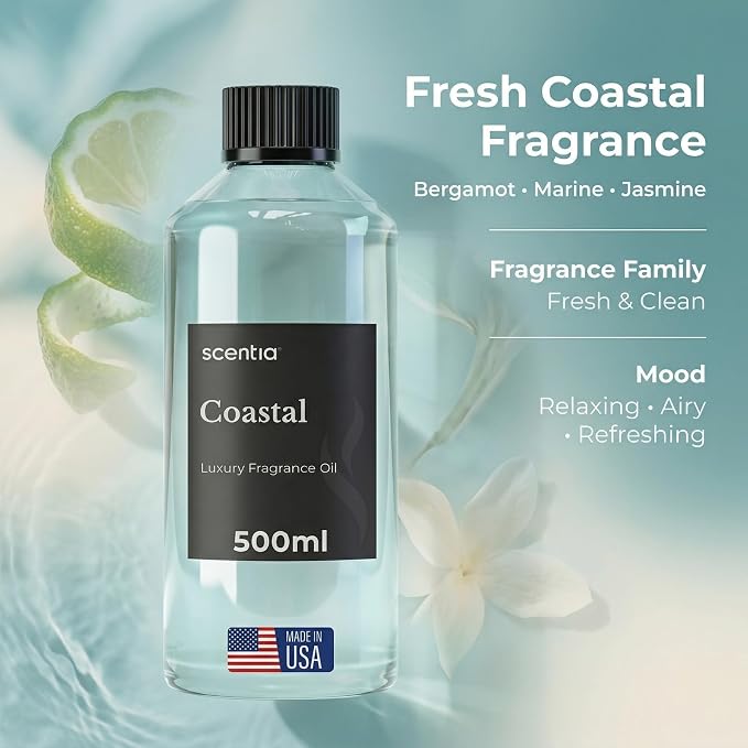 Scentia Coastal (Cabana) Diffuser Oil for HVAC Scent Machine – Hotel Fragrance Inspired by 5-Star Spa – 500 mL – Jasmine, Bergamot & Sea Breeze Oil for Commercial & Cold Air Diffusers, Made in USA