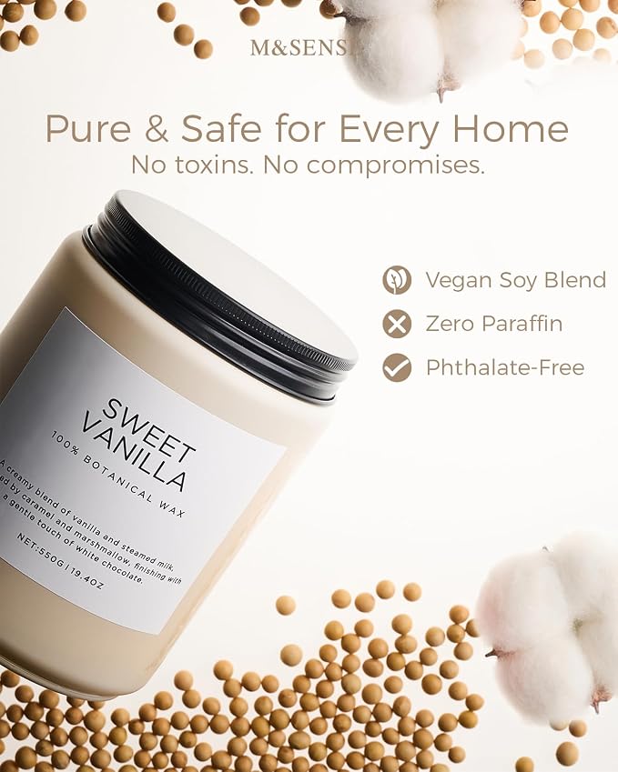 M&SENSE Vanilla Scented Candles, 19.4oz Large Natural Soy Wax, 110 Hours Long Lasting, Non Toxic Organic Candles Clean Burn, Sweet Smelling for Stress Relief, Aromatherapy Relaxing Gifts for Women