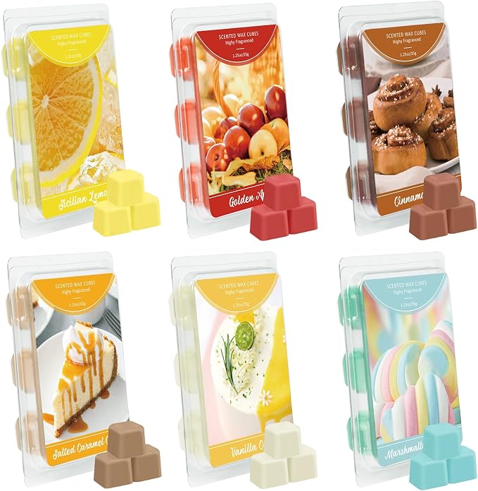 STRN Wax Melts, Soy Wax Cubes Summer Long-Lasting Scented Wax Melt for Wax Warmers, 6 Scents with Cinnamon Roll, Golden Apple, Sicilian Lemon, Scented Mix Melts Tarts, 6 * 1.25 oz