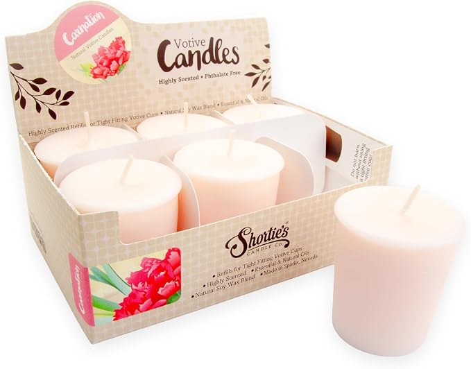 Pure Carnation Soy Votive Candles - Scented with Essential & Natural Oils - 6 Pink Natural Votive Candle Refills - Flower & Floral Collection