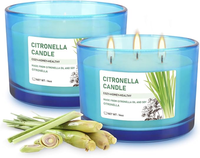 2x14oz Large 3-Wick Outdoor Indoor Citronella Candles, Long Lasting to 30 Hours, Scented Natural Soy Candle for Garden Camping Party Yard Balcony