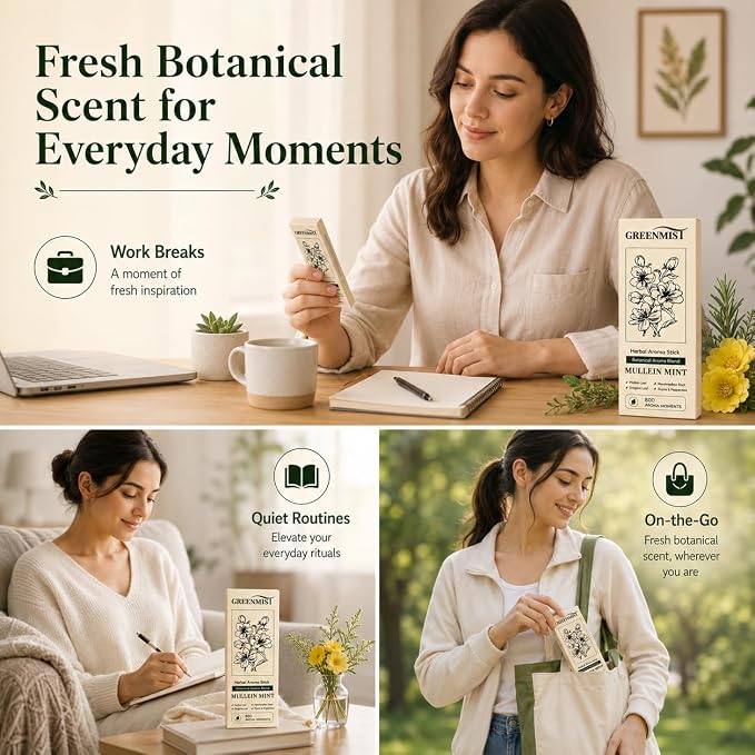 GreenMist Mullein Mint Herbal Aroma Stick 2 Pack, Plant-Based Botanical Scent, Portable Silicone Stick, Fresh Mint Thyme Oregano Notes, Yellow
