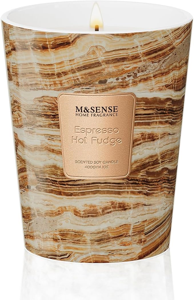M&SENSE Espresso Hot Fudge Scented Soy Candle, 3 Wick Highly Scented 14.1 Oz 75H, Aromatherapy Christmas Gift for Women and Men