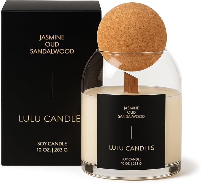 Lulu Candles | Jasmine, Oud & Sandalwood | Luxury Scented Soy Jar Candle | Hand Poured in The USA | Highly Scented Long Lasting | Wood Wick (10 Oz. Cork)