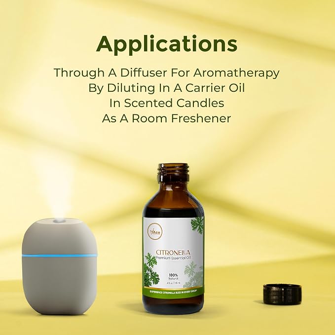 My ACE Citronella Essential Oil 4 Fl Oz - Pure & Natural - Premium Grade for Aromatherapy, Diffuser, Skin, Hair, Massage, Candle & Soap Making, Home - Glass Bottle with Dropper - Long Lasting Scent