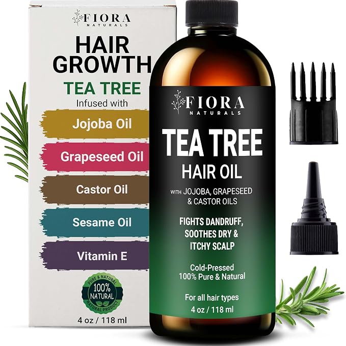 Fiora Naturals Tea Tree Oil for Hair and Scalp - with Jojoba, Grape Seed & Castor Oils - Helps Hair Growth, Soothes Itchy Scalp & Fights Dandruff - Moisturizes and adds Shine - 4 fl oz