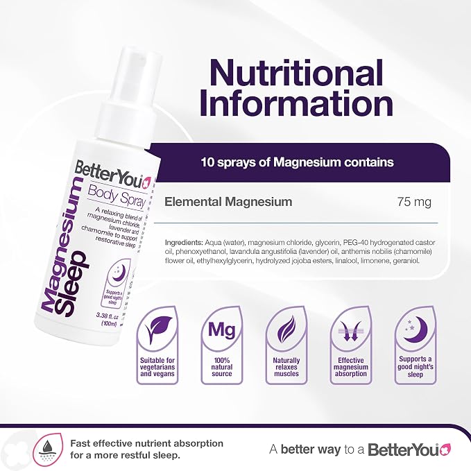 BetterYou Magnesium Muscle Body Spray - Relaxing Topical Magnesium and Essential Oil Spray - Lavender and Chamomile - Promotes Better Sleep - 3.38 oz