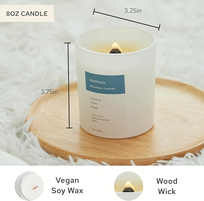 Mindful Modern Natural Meditate Candle | White Sage and Lavender Hand-Poured Soy Wax Stress Relief | Aromatherapy Candle | Elegant Scented Home Fragrance | Clean, Even, Longer Burn | 8 oz Glass Jar